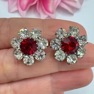 Vintage Rhinestone Flower Stud Earrings Red Clear Prong Set Crystal Chic Retro